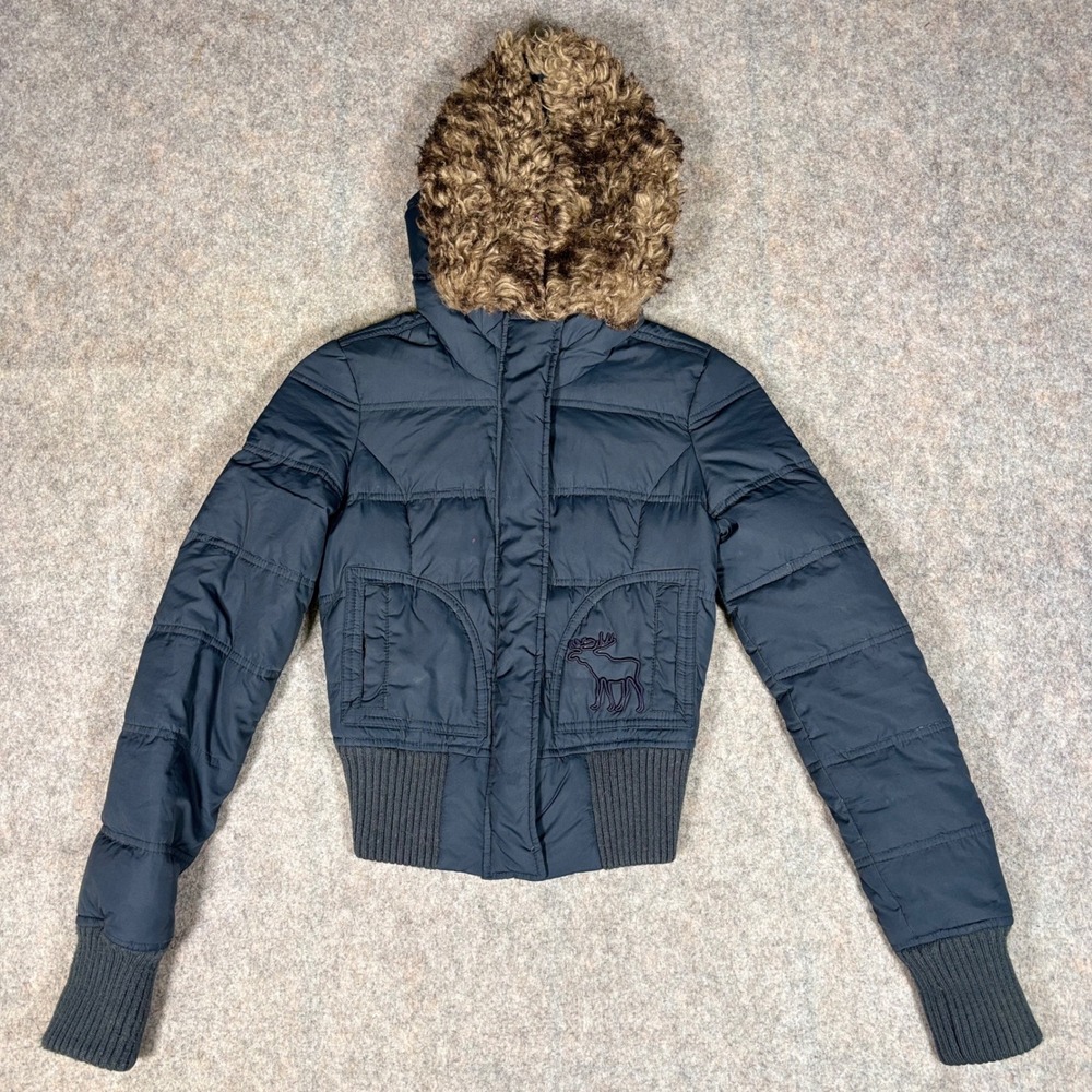 Abercrombie Puffer Jacket Kids Medium Navy Blue Faux Fur Hood Down Fill Coat